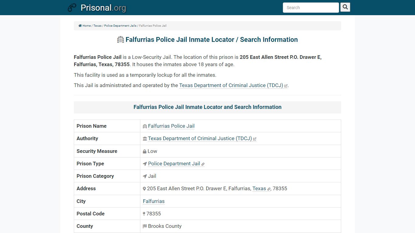 Falfurrias Police Jail Inmate Locator / Search Information